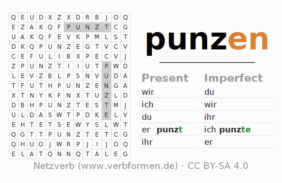Word search puzzle for conjugation of German verb punzen