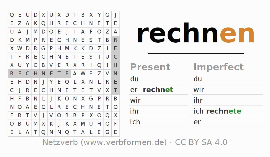 Word search puzzle for conjugation of German verb rechnen