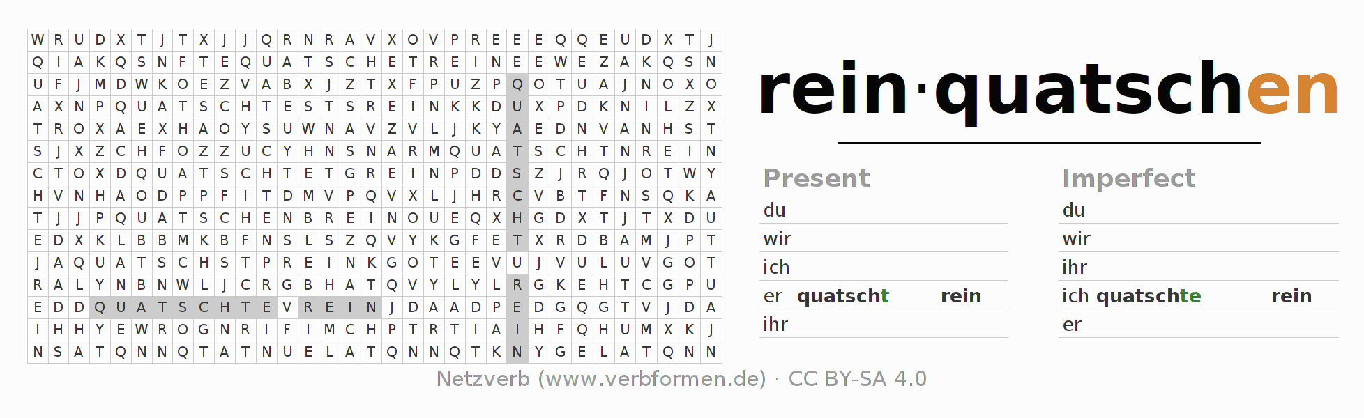 Word search puzzle for conjugation of German verb reinquatschen