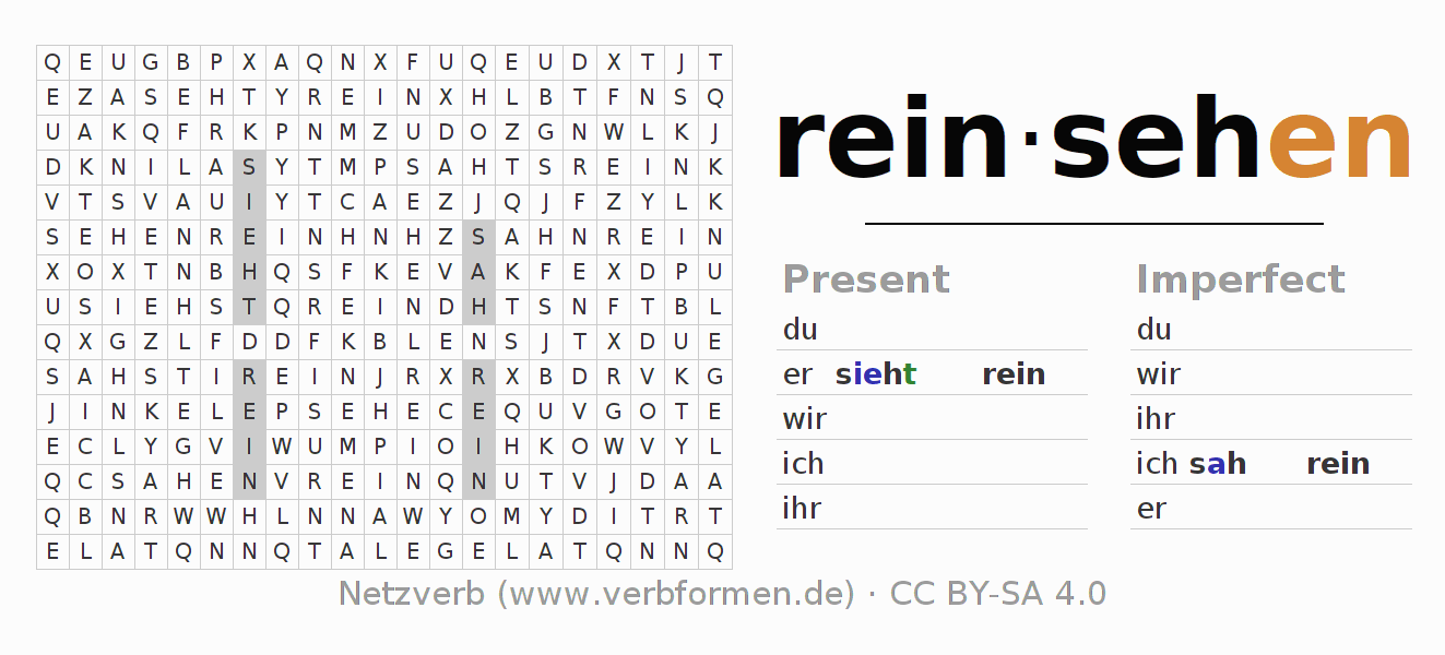 Word search puzzle for conjugation of German verb reinsehen
