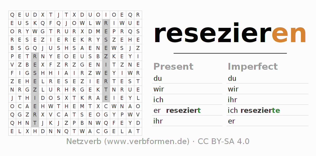 Word search puzzle for conjugation of German verb resezieren