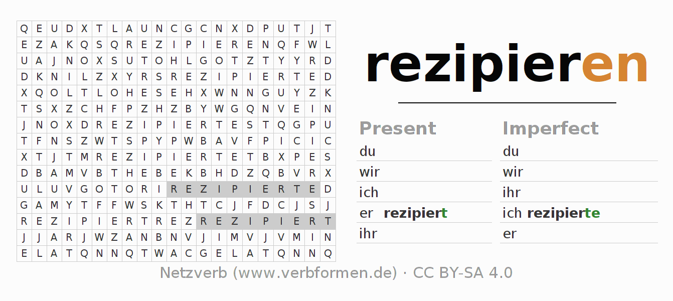 Word search puzzle for conjugation of German verb rezipieren