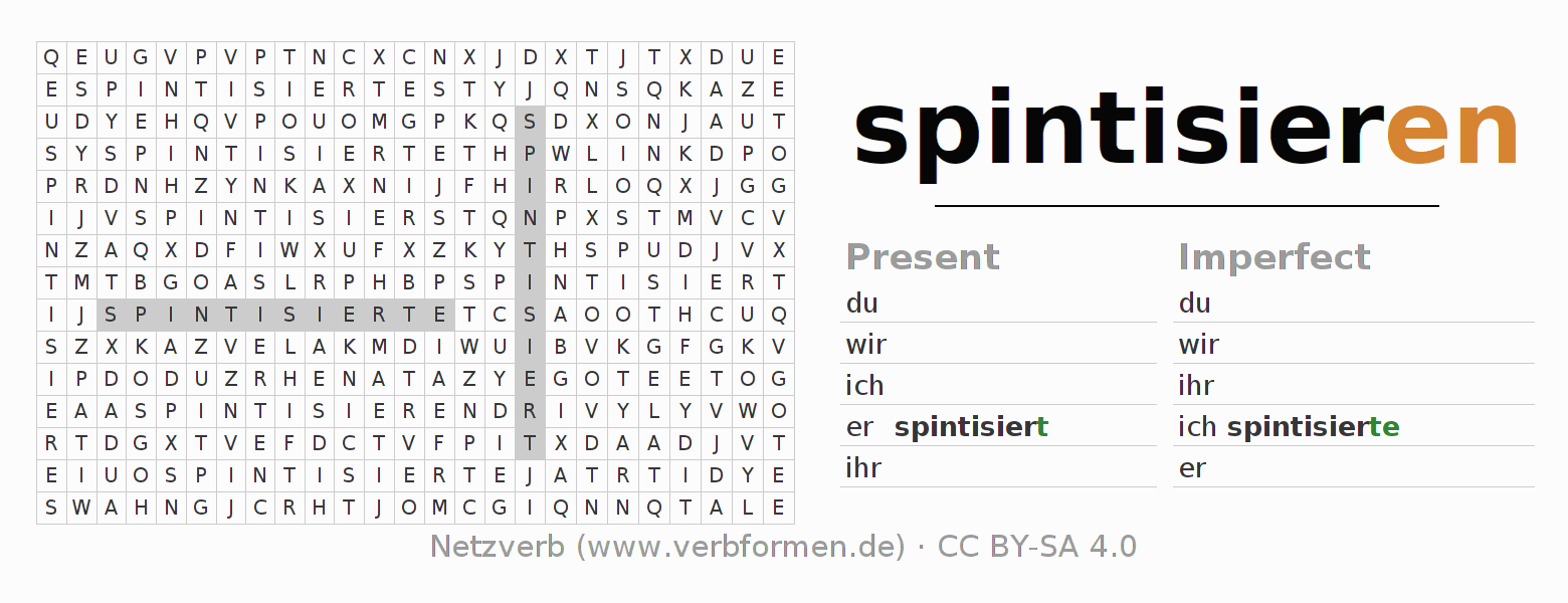 Word search puzzle for conjugation of German verb spintisieren
