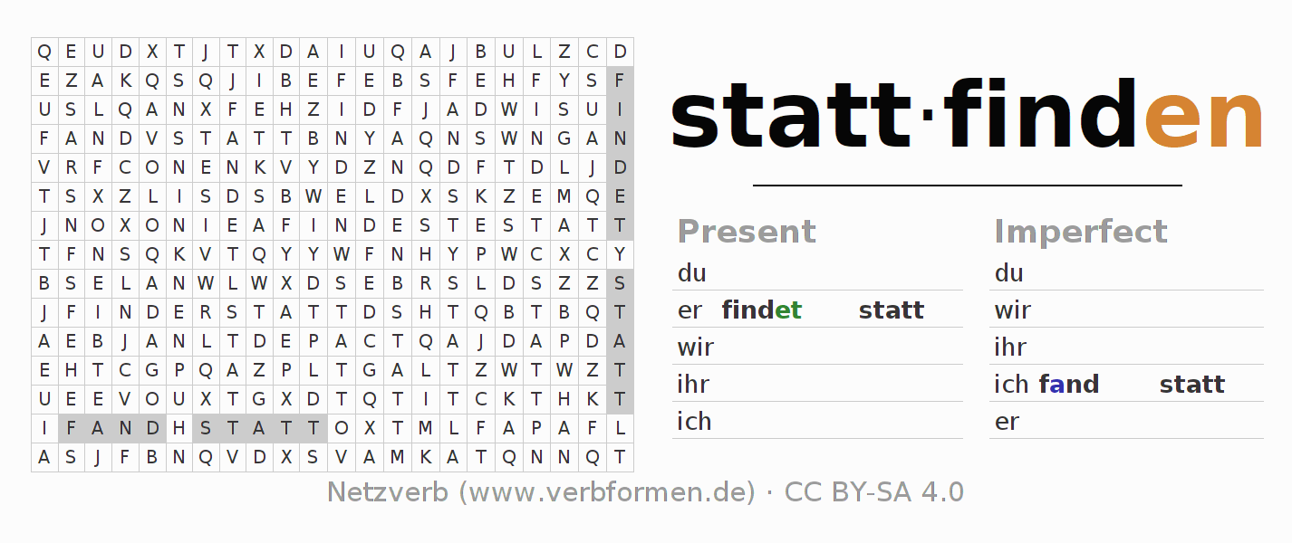 Word search puzzle for conjugation of German verb stattfinden