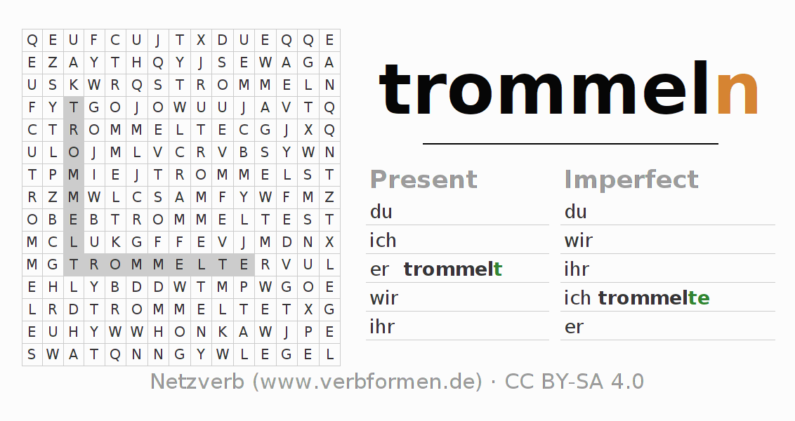 Word search puzzle for conjugation of German verb trommeln