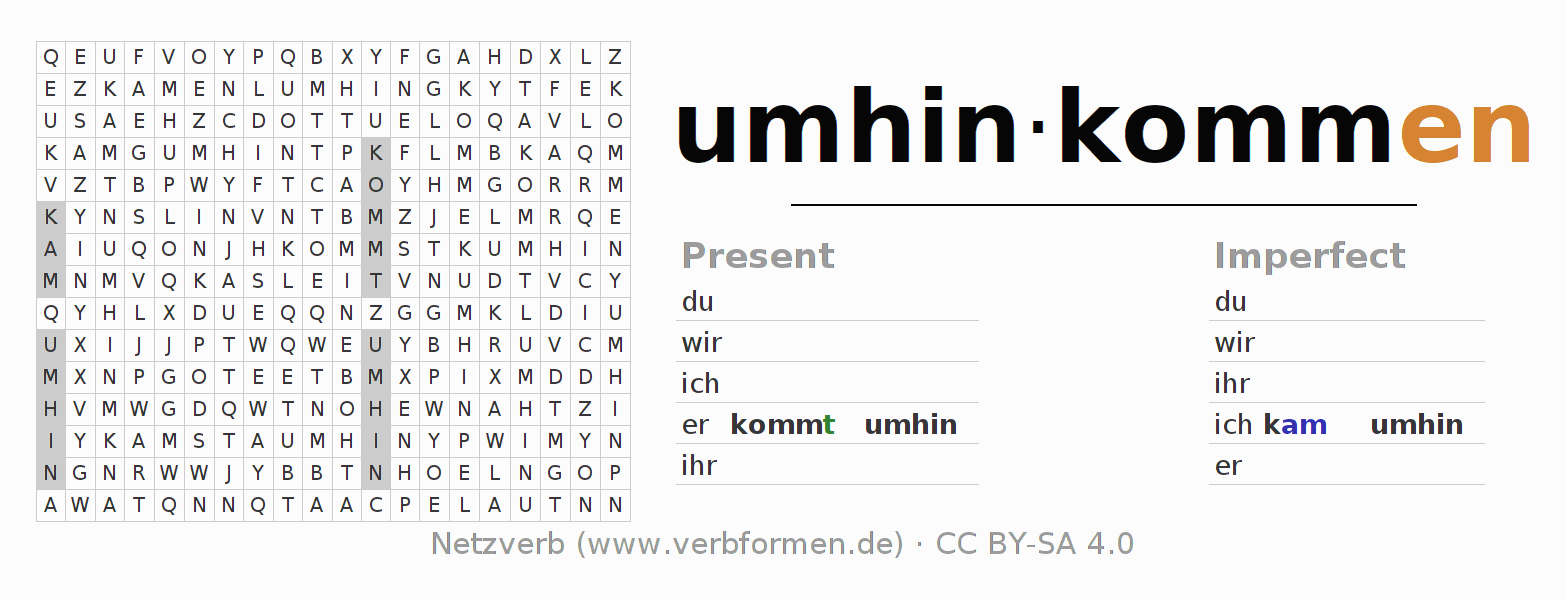 Word search puzzle for conjugation of German verb umhinkommen
