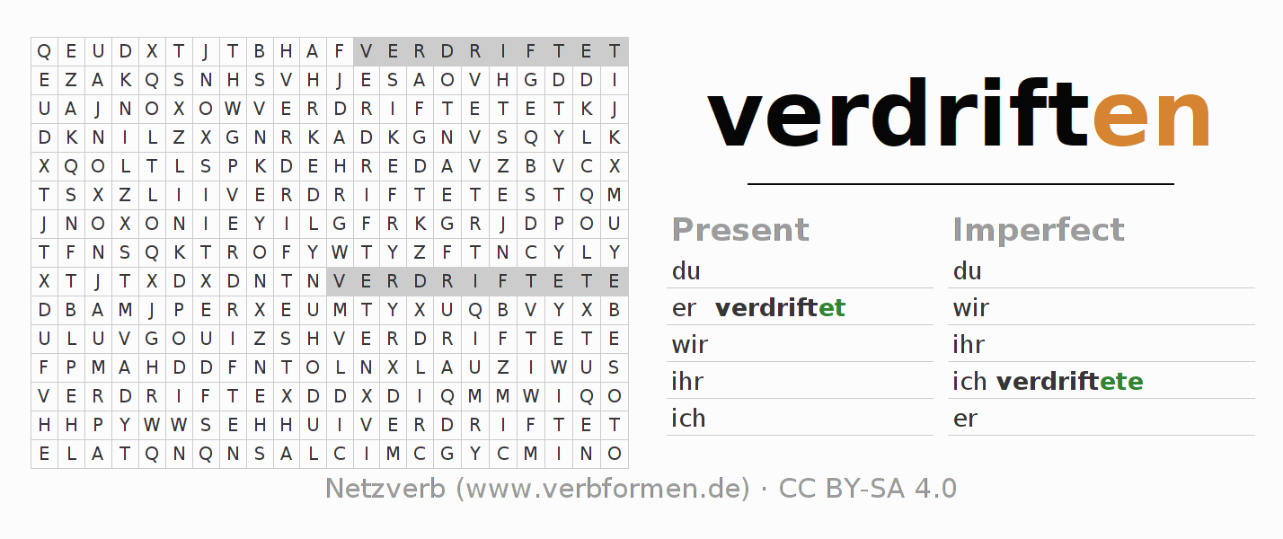 Word search puzzle for conjugation of German verb verdriften