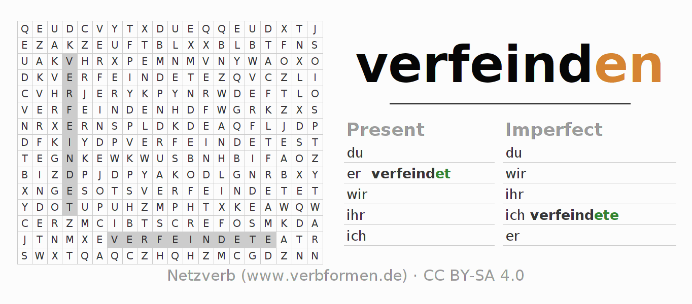 Word search puzzle for conjugation of German verb verfeinden