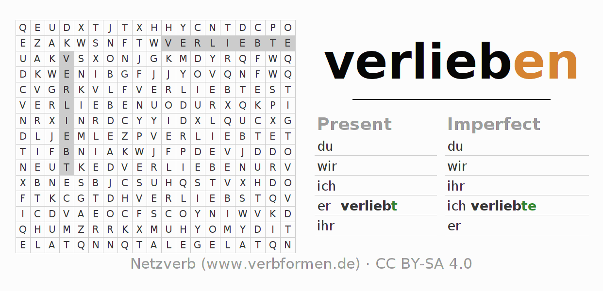 Word search puzzle for conjugation of German verb verlieben