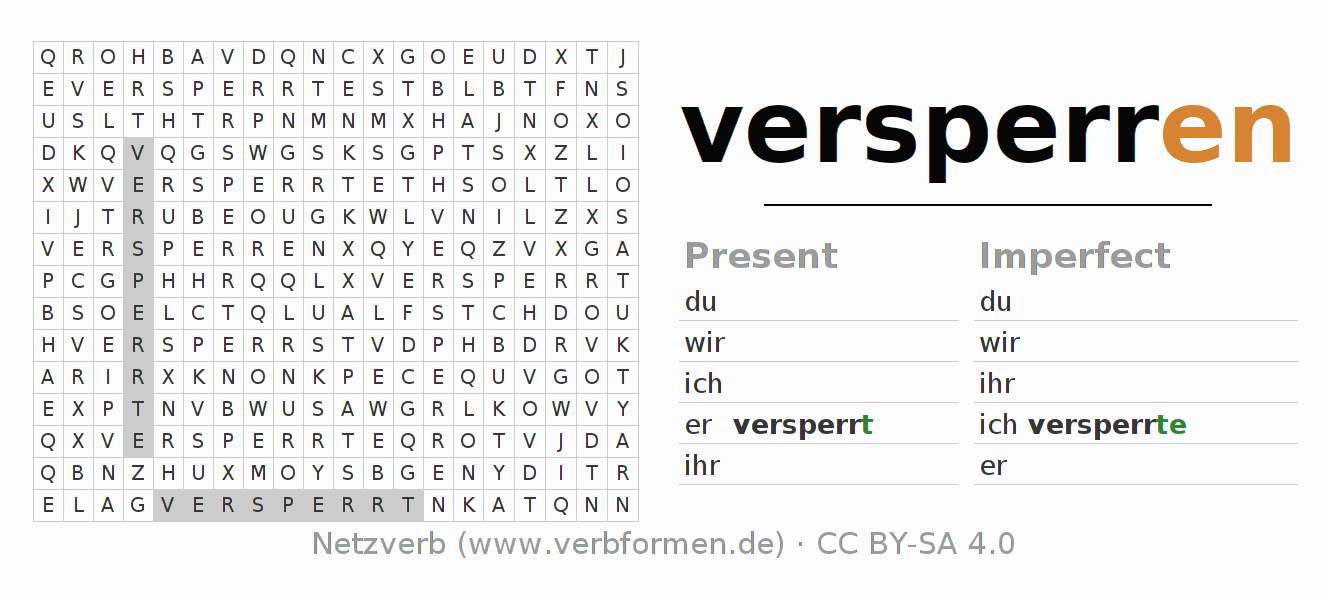 Word search puzzle for conjugation of German verb versperren