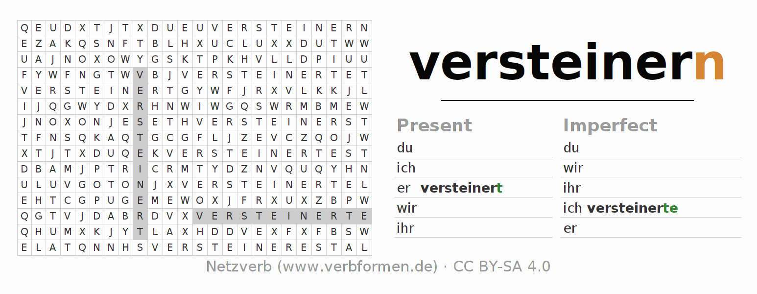 Word search puzzle for conjugation of German verb versteinern (hat)