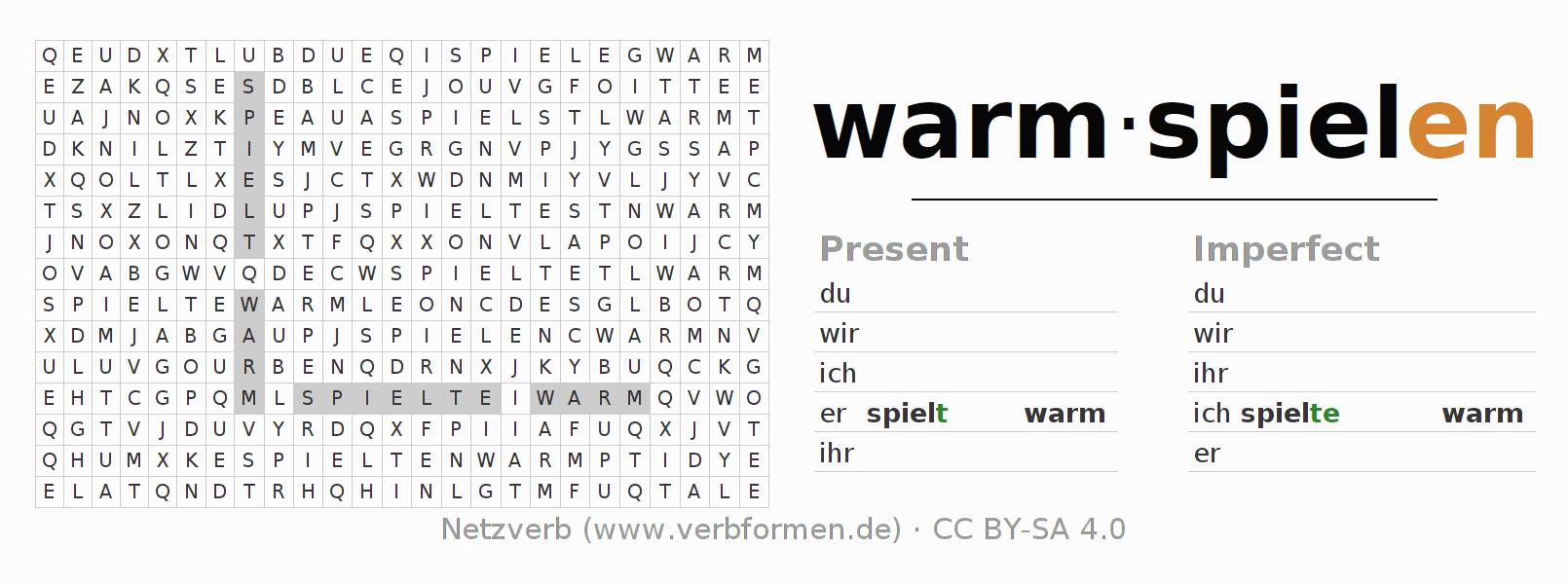 Word search puzzle for conjugation of German verb warmspielen