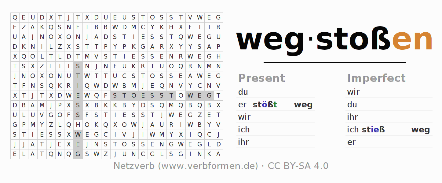 Word search puzzle for conjugation of German verb wegstoßen