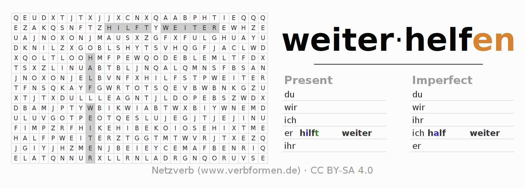 Word search puzzle for conjugation of German verb weiterhelfen