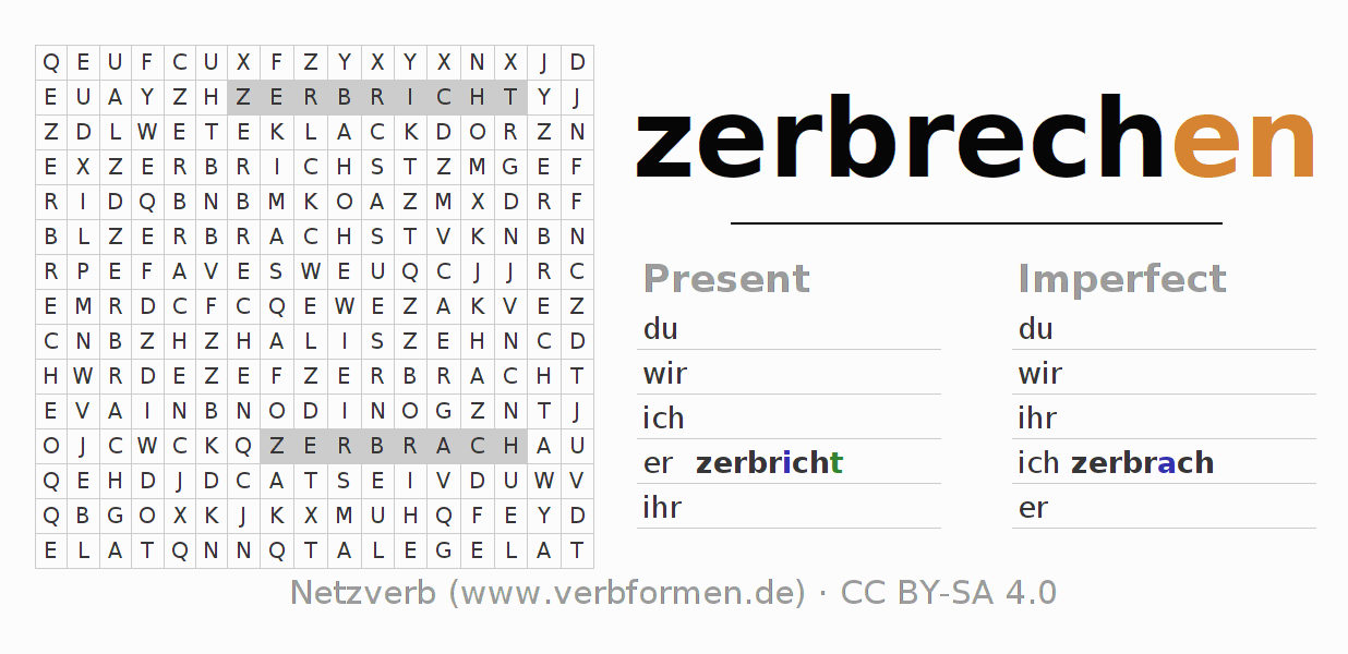 Word search puzzle for conjugation of German verb zerbrechen (ist)