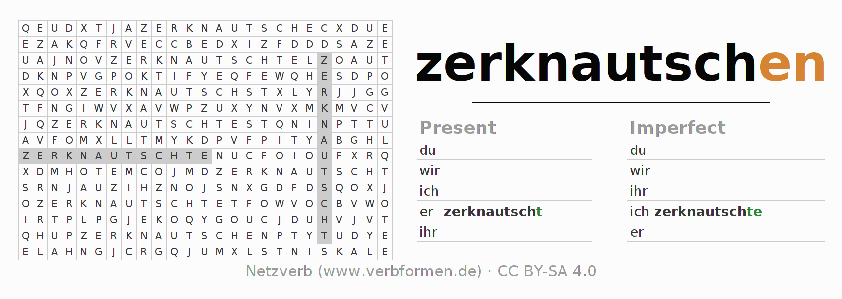 Word search puzzle for conjugation of German verb zerknautschen