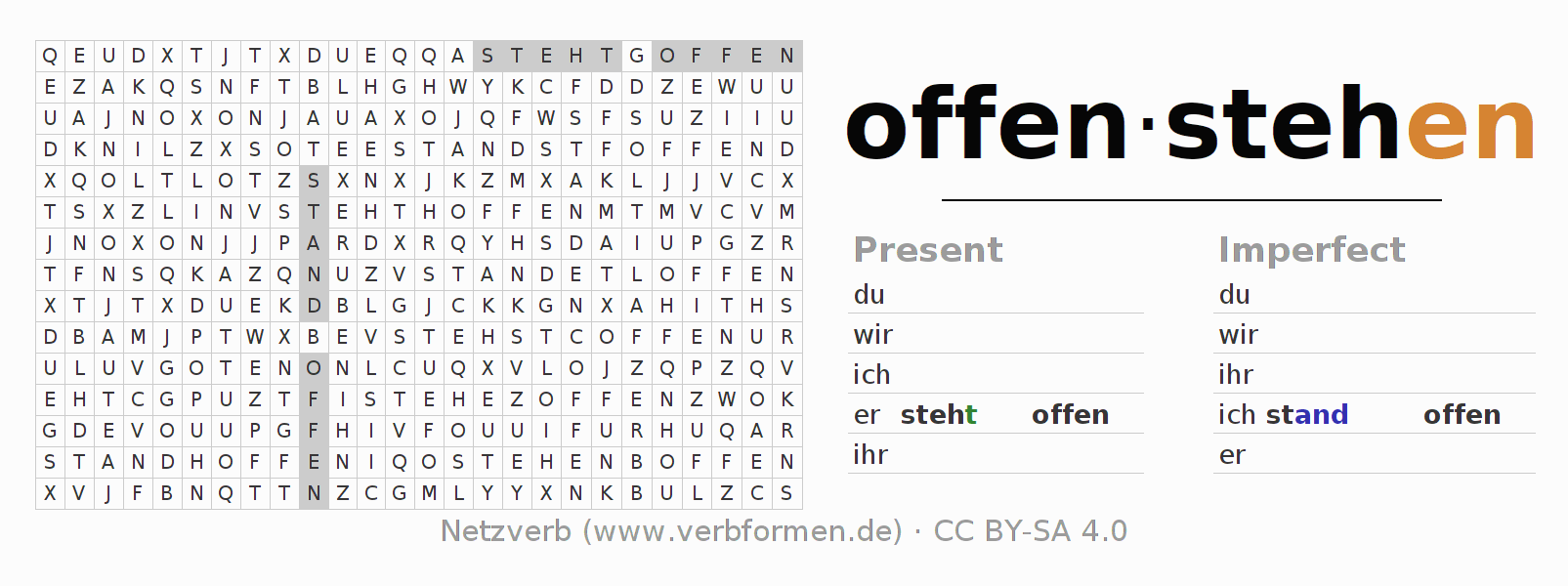 Word search puzzle for conjugation of German verb offenstehen (hat)