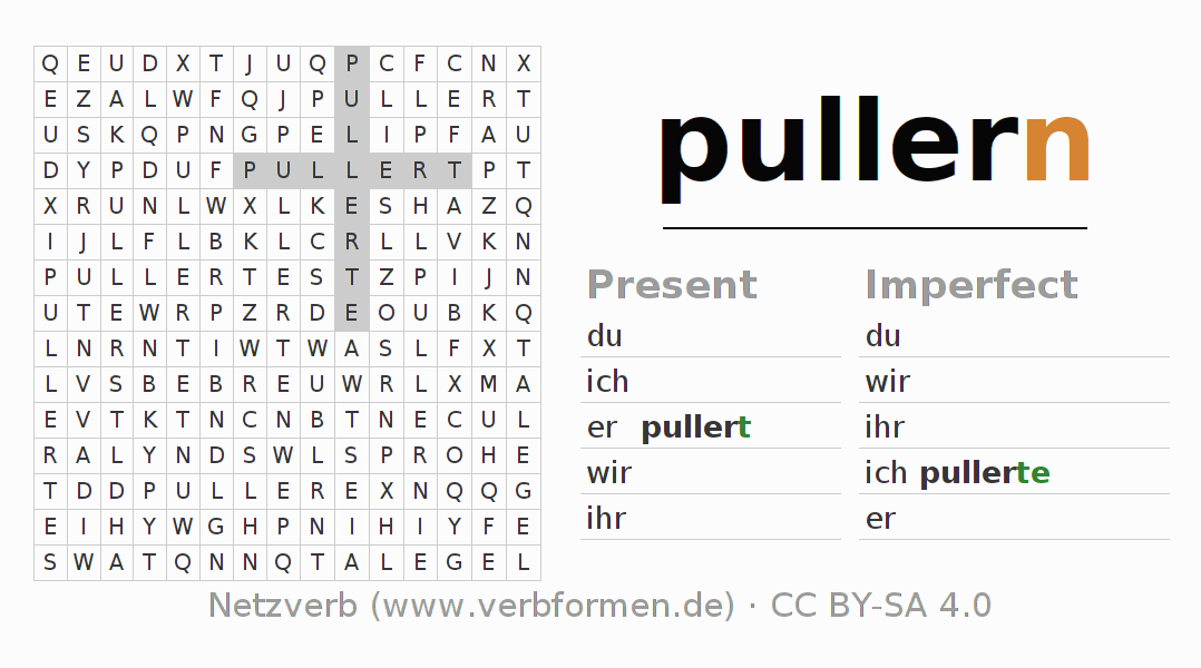 Word search puzzle for conjugation of German verb pullern