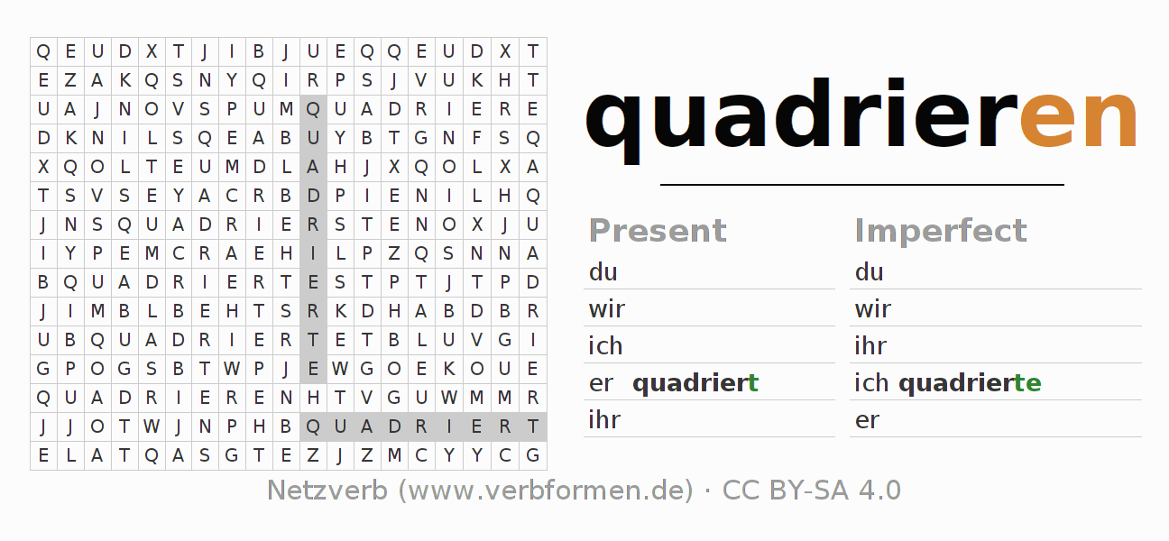 Word search puzzle for conjugation of German verb quadrieren