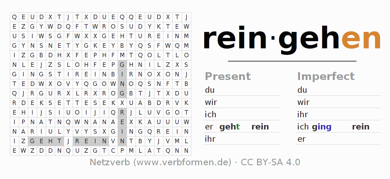 Word search puzzle for conjugation of German verb reingehen