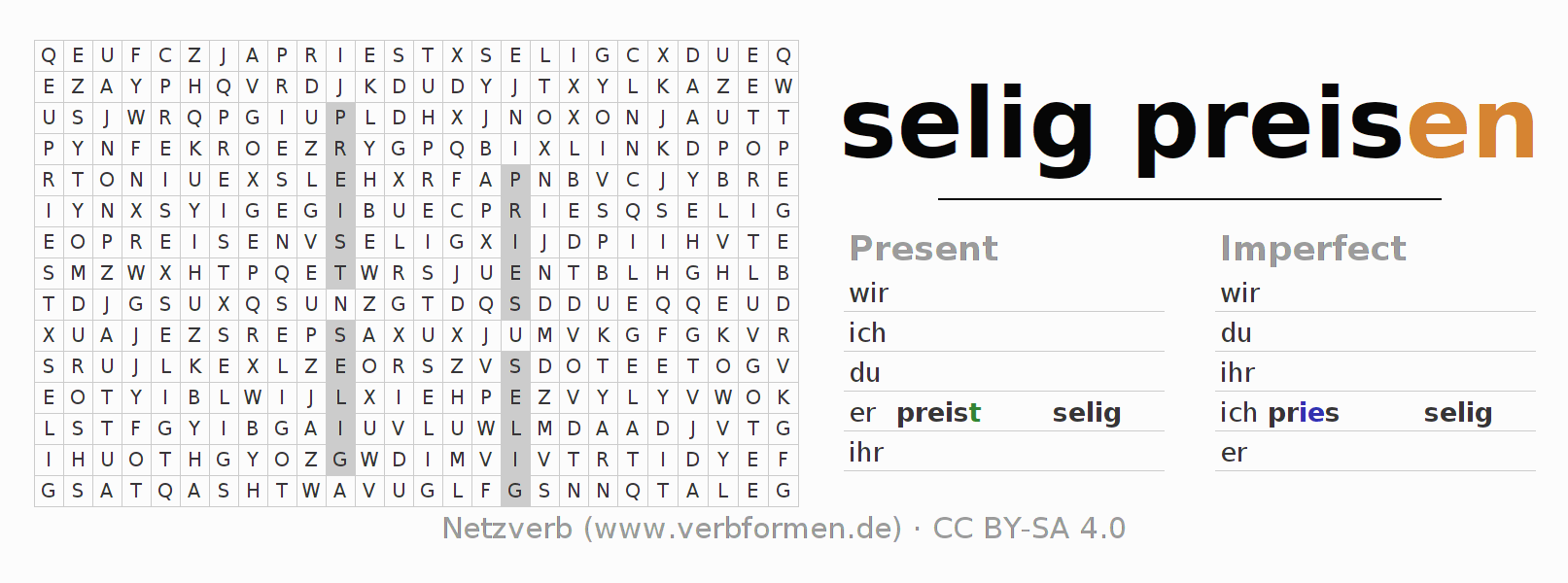 Word search puzzle for conjugation of German verb seligpreisen