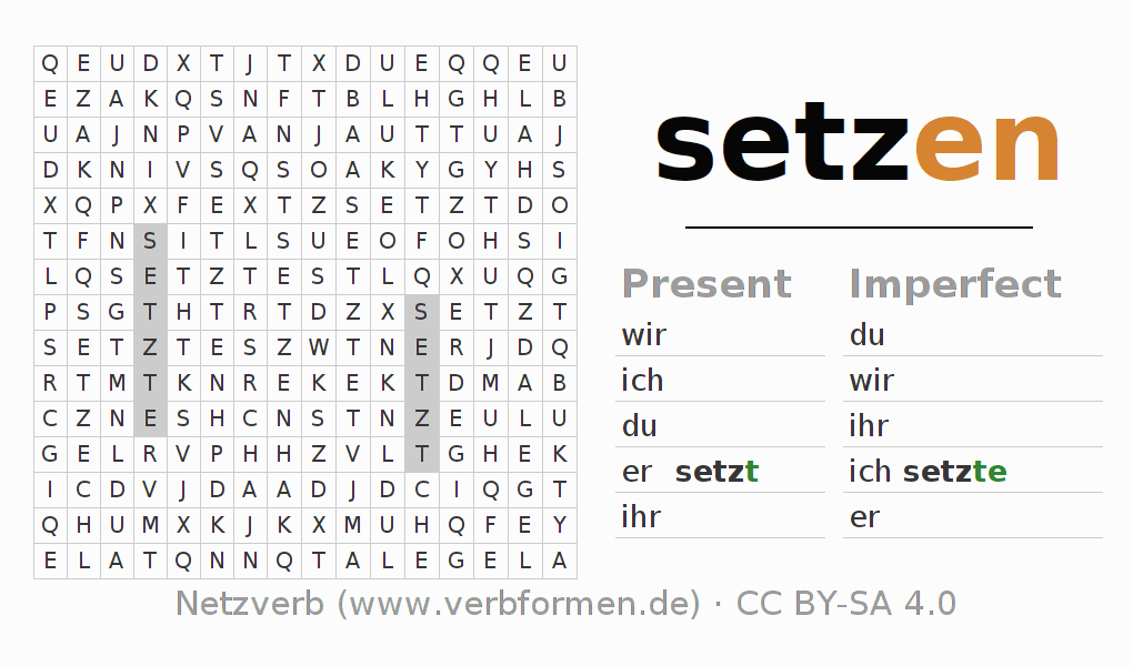 Word search puzzle for conjugation of German verb setzen (ist)