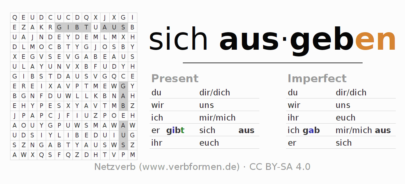 Word search puzzle for conjugation of German verb sich ausgeben