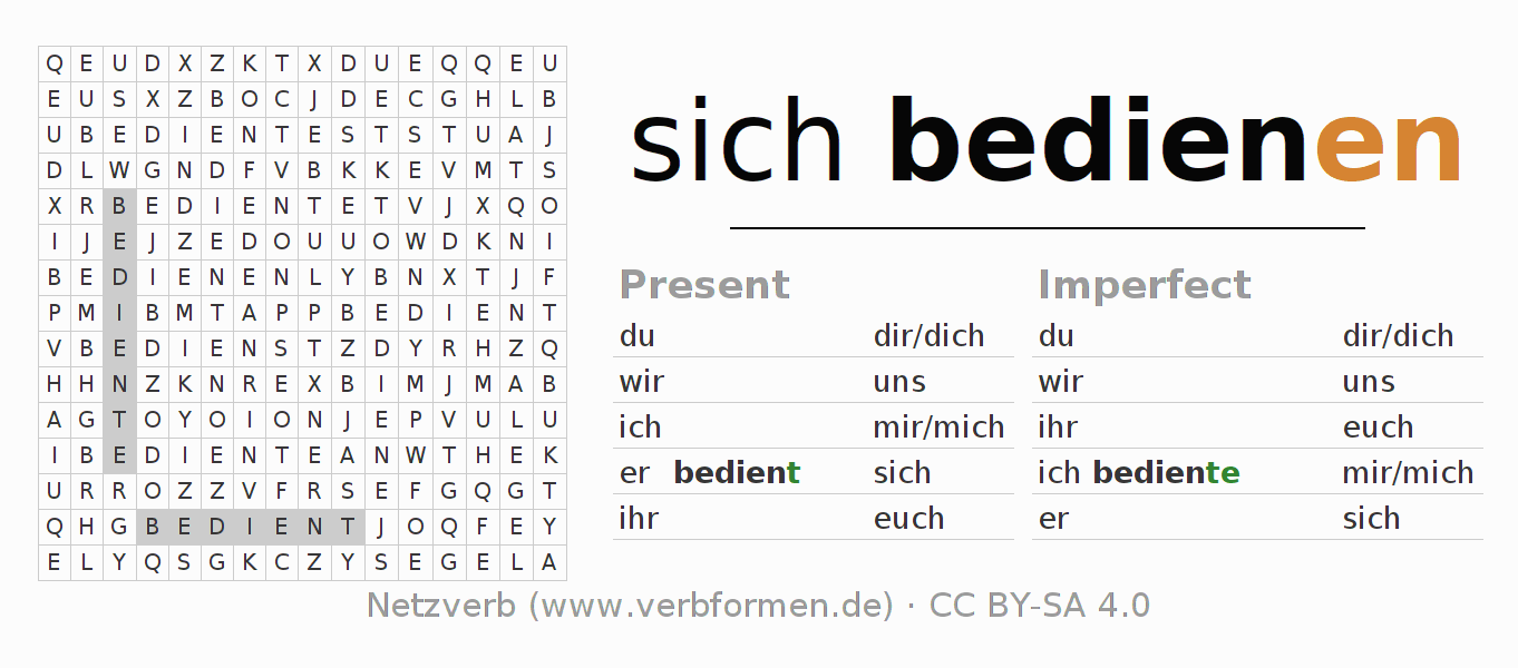 Word search puzzle for conjugation of German verb sich bedienen