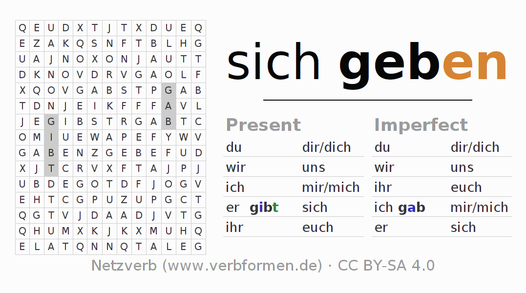 Word search puzzle for conjugation of German verb sich geben
