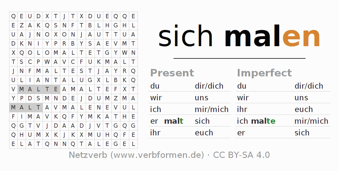 Word search puzzle for conjugation of German verb sich malen