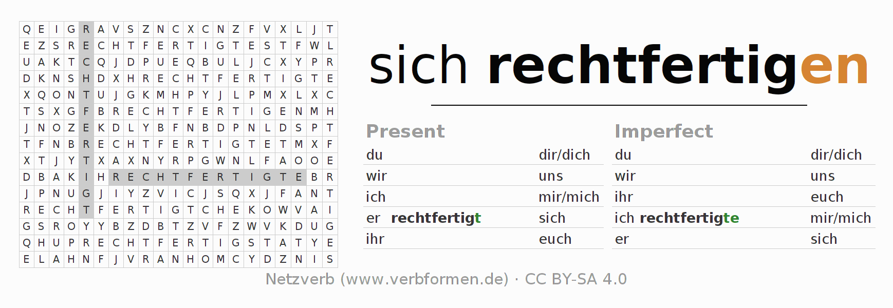 Word search puzzle for conjugation of German verb sich rechtfertigen