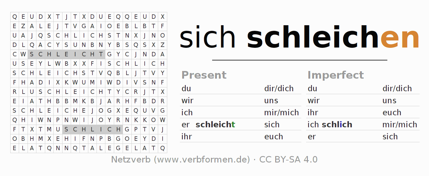 Word search puzzle for conjugation of German verb sich schleichen (hat)