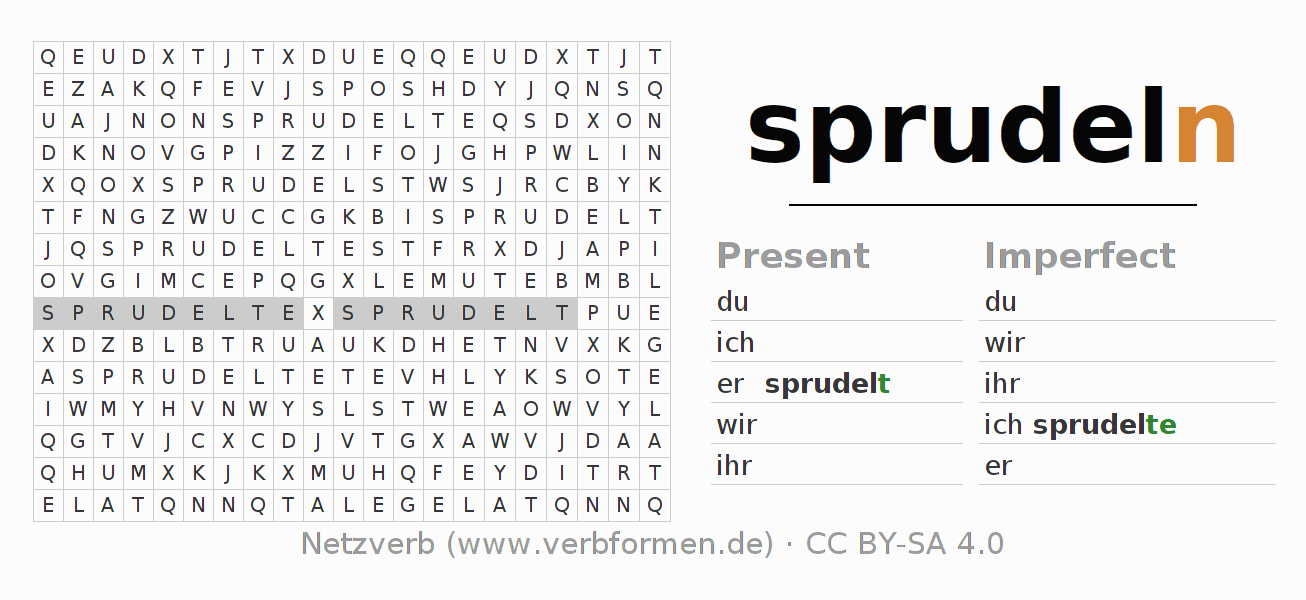 Word search puzzle for conjugation of German verb sprudeln (hat)