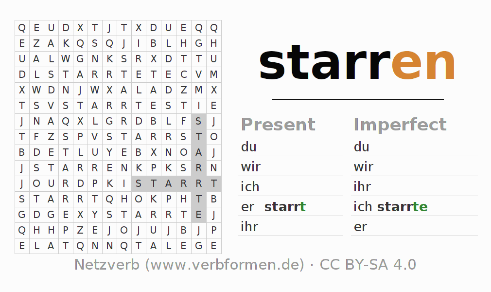 Word search puzzle for conjugation of German verb starren