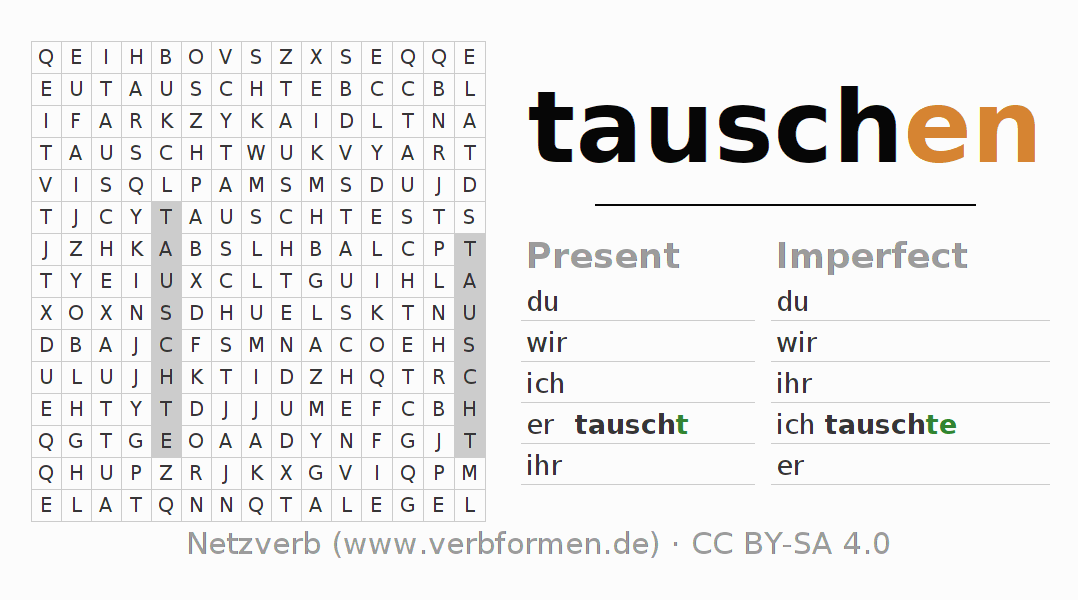 Word search puzzle for conjugation of German verb tauschen