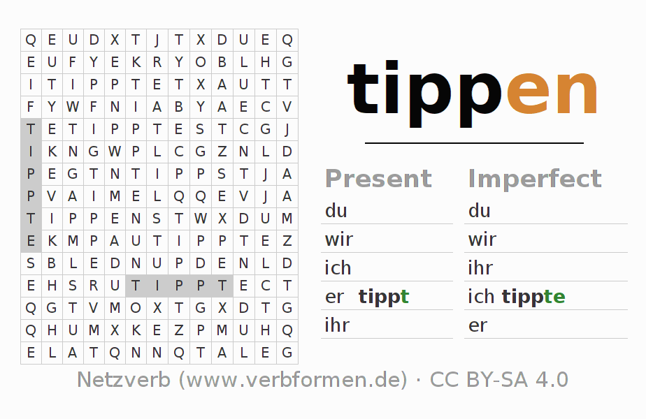 Word search puzzle for conjugation of German verb tippen