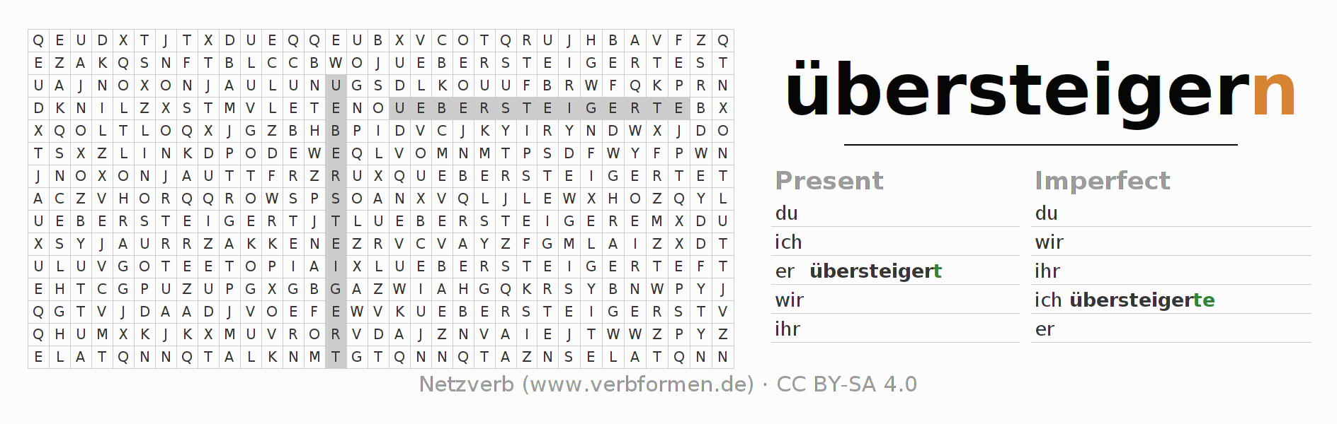 Word search puzzle for conjugation of German verb übersteigern