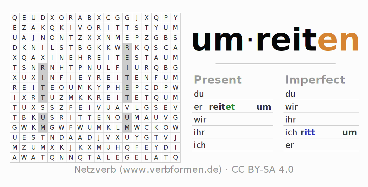 Word search puzzle for conjugation of German verb um-reiten
