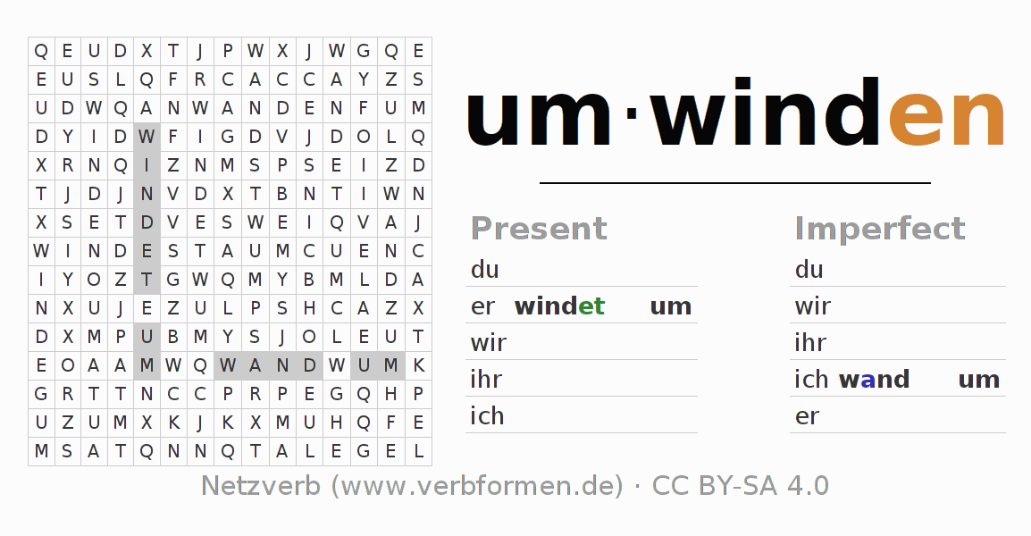Word search puzzle for conjugation of German verb um-winden