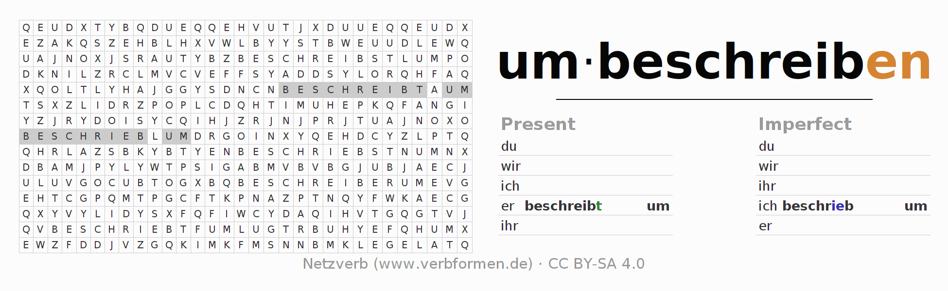 Word search puzzle for conjugation of German verb umbeschreiben