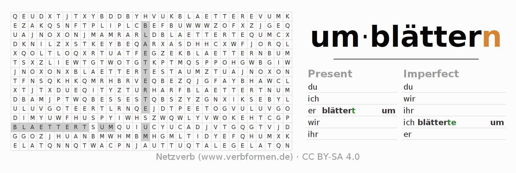 Word search puzzle for conjugation of German verb umblättern