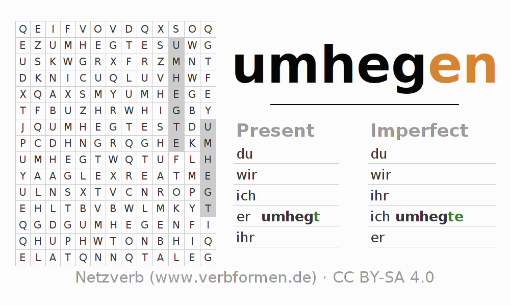 Word search puzzle for conjugation of German verb umhegen
