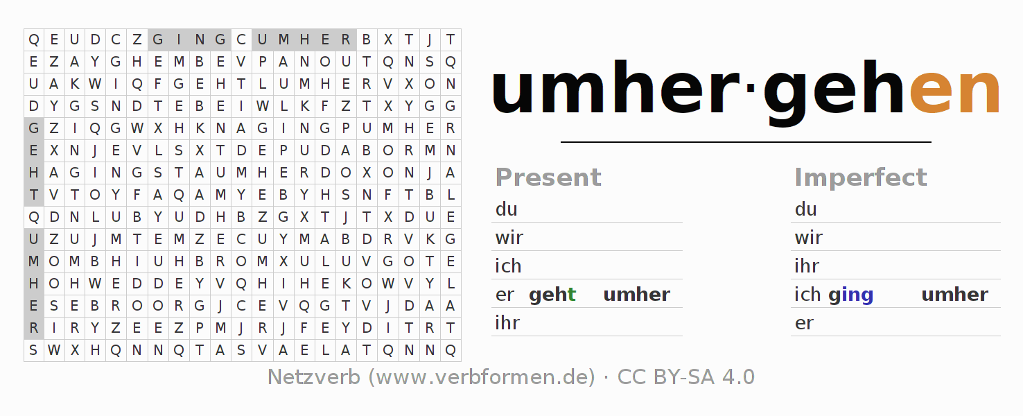 Word search puzzle for conjugation of German verb umhergehen