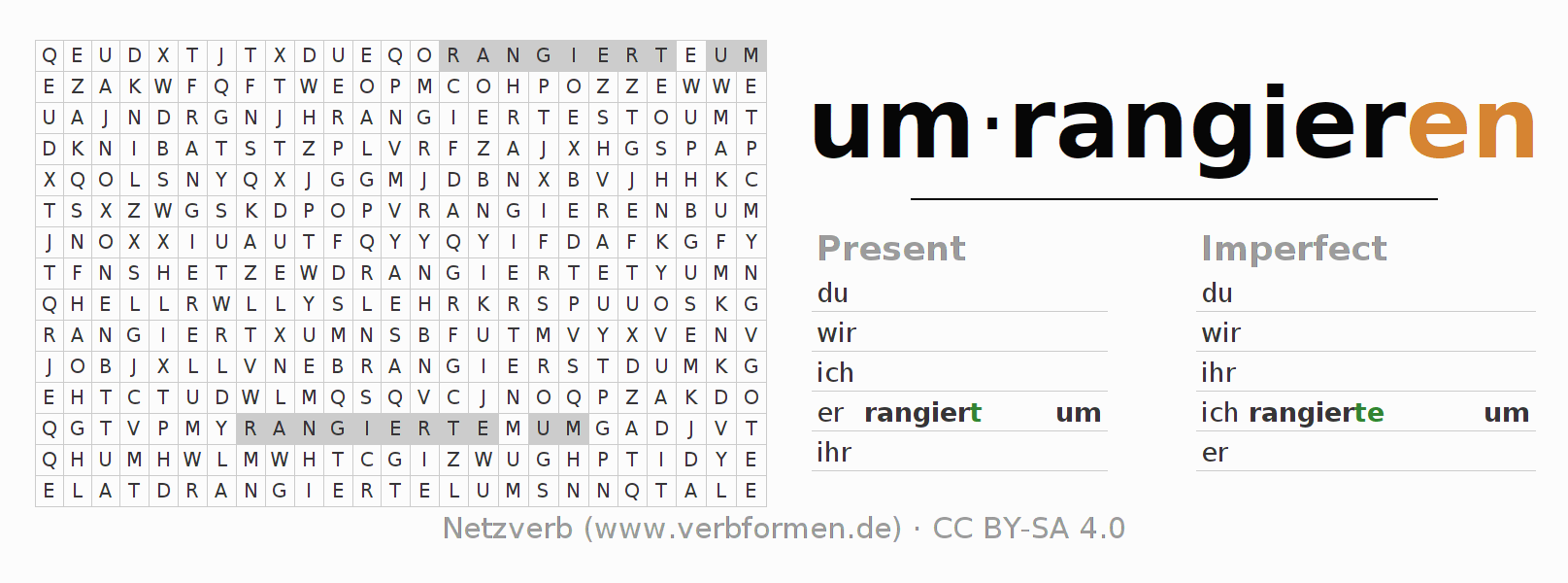 Word search puzzle for conjugation of German verb umrangieren