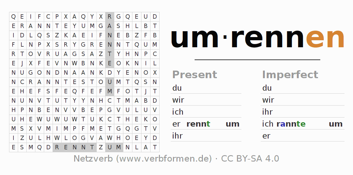 Word search puzzle for conjugation of German verb umrennen