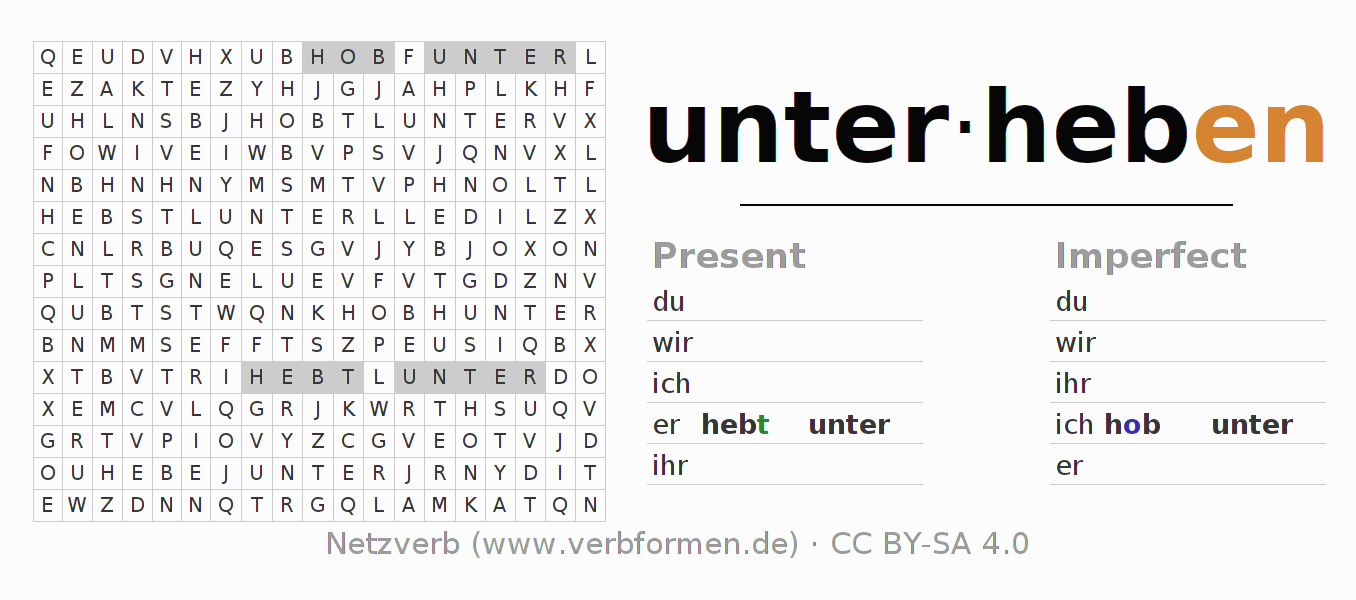 Word search puzzle for conjugation of German verb unterheben