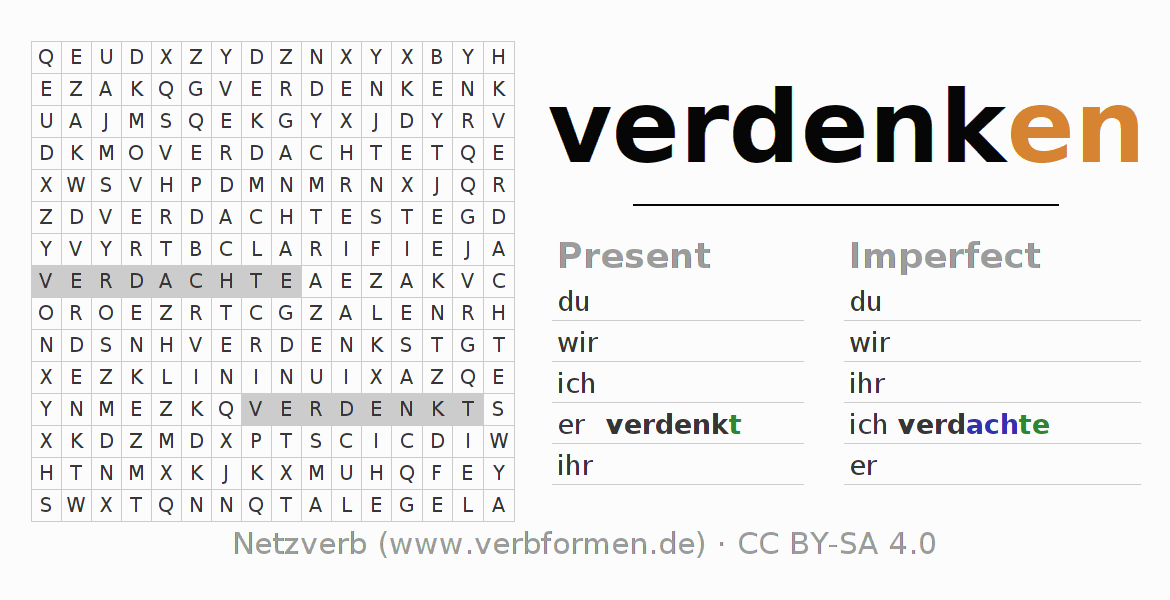 Word search puzzle for conjugation of German verb verdenken