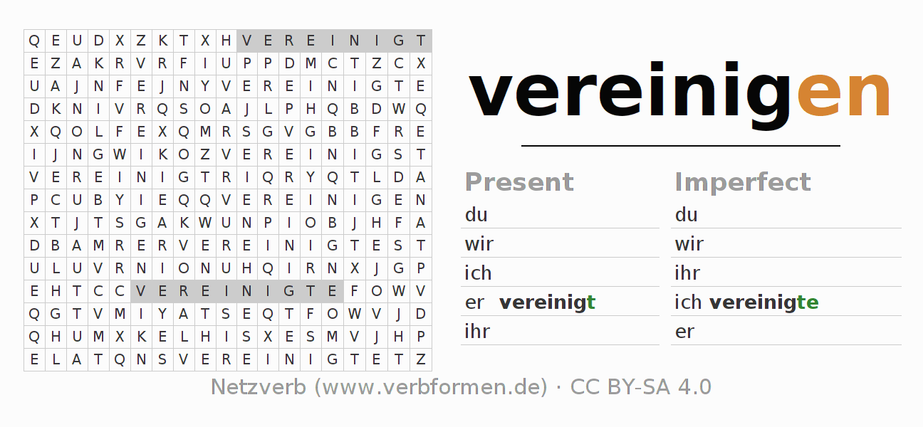 Word search puzzle for conjugation of German verb vereinigen