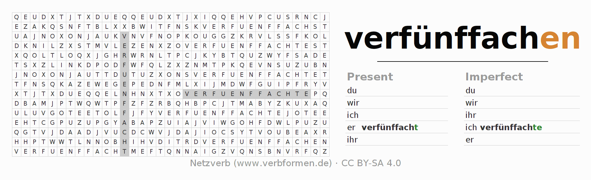 Word search puzzle for conjugation of German verb verfünffachen