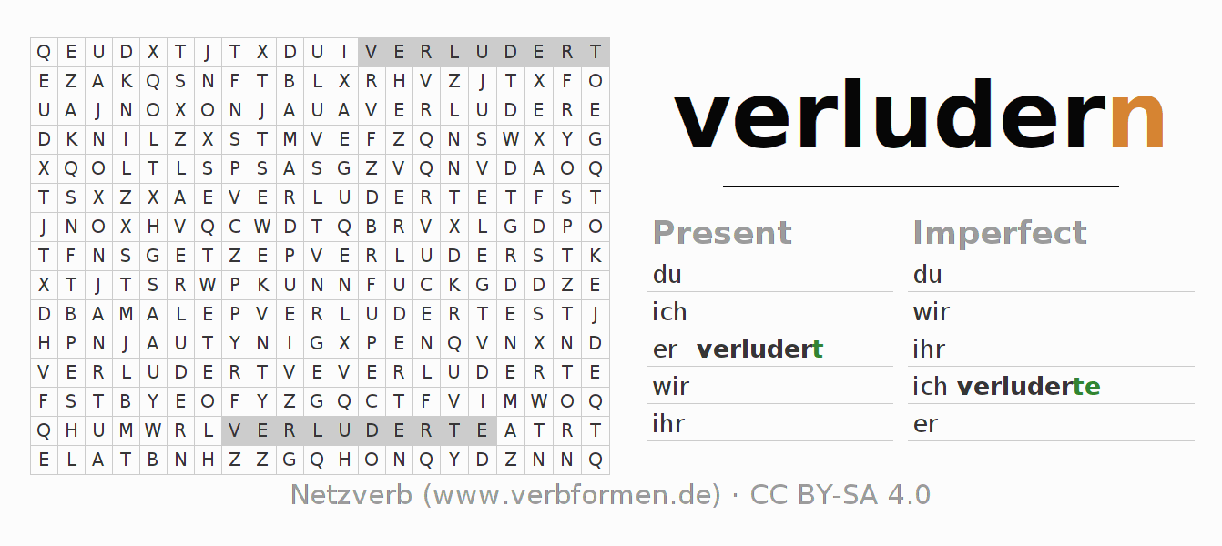 Word search puzzle for conjugation of German verb verludern (ist)
